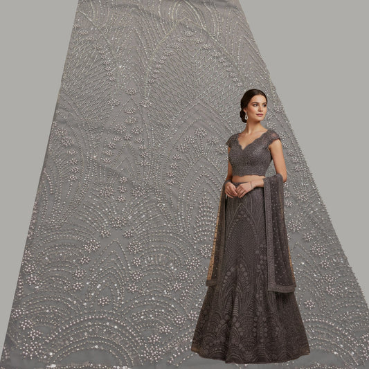 Grey Embroidered Net Fabric with Greyish Silver Beads, Sequins & Cutdana Work 1496