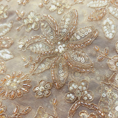 Floral Embroidered Gold Net Fabric with White Beads, Sequin & Zari Work