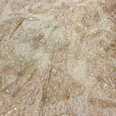 Floral Embroidered Shimmer Tissue Fabric with White Beads, Sequin & Zari Work