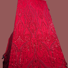 Red Embroidered on Red Net Fabric with Cutdana, Pearl & Sequin Work