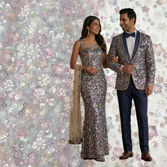 Light Sky Blue Color Embroidered Net Fabric with Cutdana, Pearl & Sequin Work