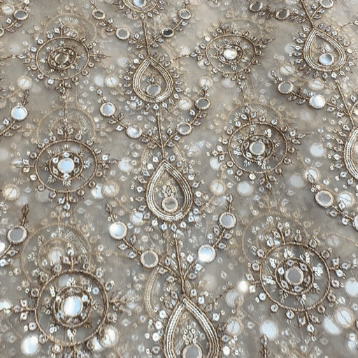 Beige Embroidered Net Fabric with Zari, Sequin & Mirror Work