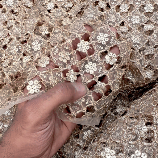 Cutwork Embroidered Fabric in Geometric Grid with Floral Sequin Highlights