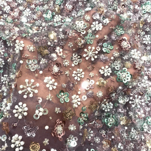Mauve Color Embroidered Net Fabric with Cutdana, Pearl & Sequin Work