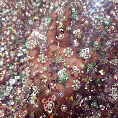Mauve Color Embroidered Net Fabric with Cutdana, Pearl & Sequin Work