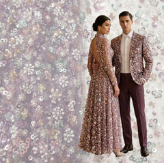 Mauve Color Embroidered Net Fabric with Cutdana, Pearl & Sequin Work