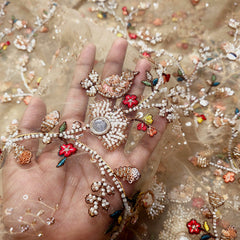 Multicolor Embroidered all over Floral butta with white Beads, Sequin work & Mirror Highlights