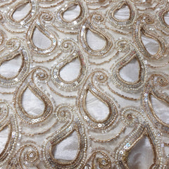 Cutwork Embroidered Fabric in Paisley Grid with Floral Sequin Highlights