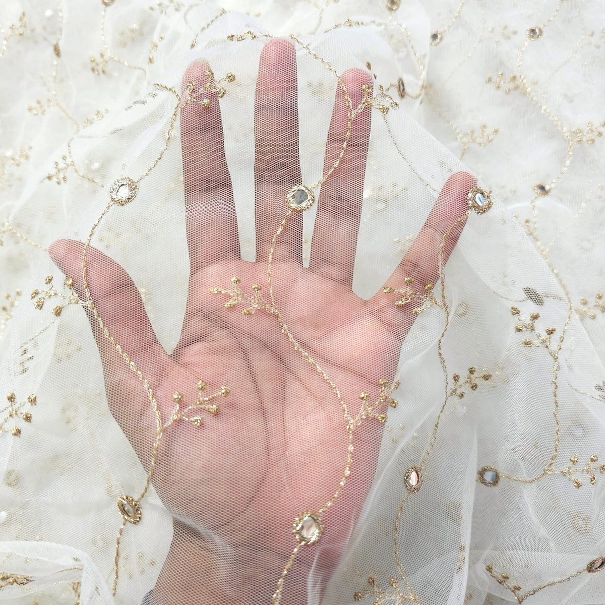 Dyeable Net Fabric with Mirror Highlights & Zari Work in Vine Pattern