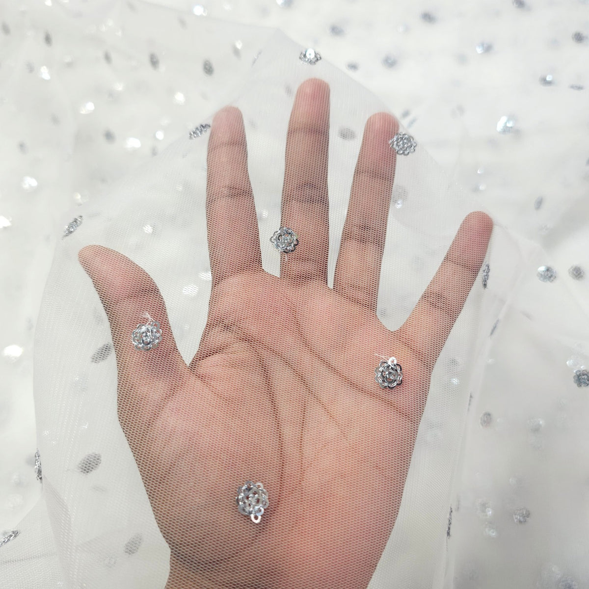Dyeable Net Fabric with Floral Silver Sequin Work