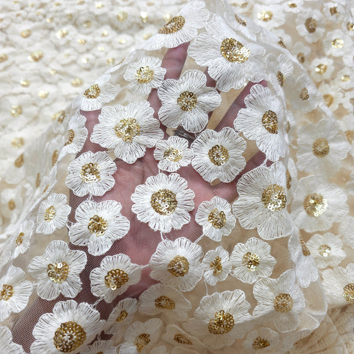 Dyeable Embroidered Net Fabric with Floral Threadwork and Gold Sequin Work