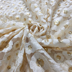 Dyeable Embroidered Net Fabric with Floral Threadwork and Gold Sequin Work