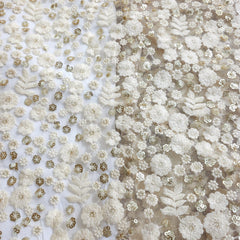 Dyeable Embroidered Net Fabric with Floral Threadwork and Gold Sequin Highlights