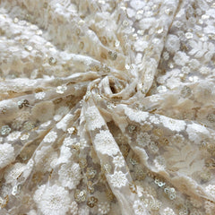Dyeable Embroidered Net Fabric with Floral Threadwork and Gold Sequin Highlights