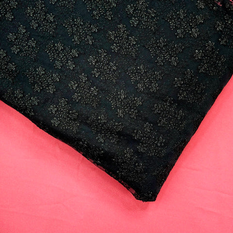 Embroidered Bright Black Net Fabric with Floral Motifs