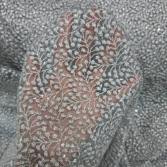 Embroidered Dark Grey Color Net Fabric with Intricate Floral patterns