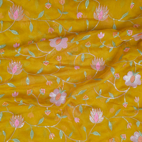 Nargis Embroidered Fabric on Mustard Yellow Organza Base