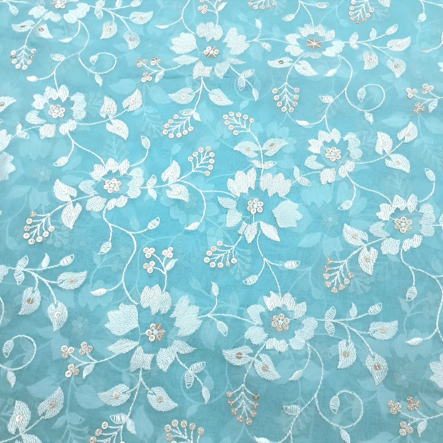 Zeenat Floral Sequin Work on Light Blue Color Organza Base