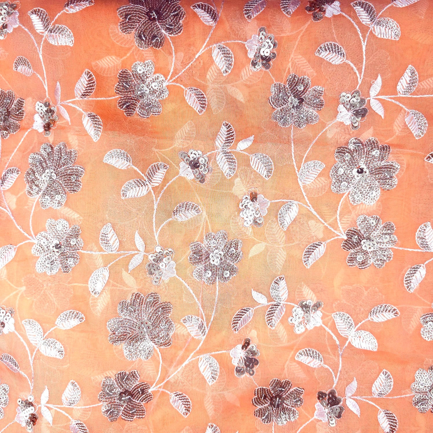 Zeenat Floral Sequin Work on Light Orange Organza Base