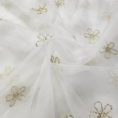 Gold Sequin Embroidered Dyeable Organza Fabric with Flower Motif