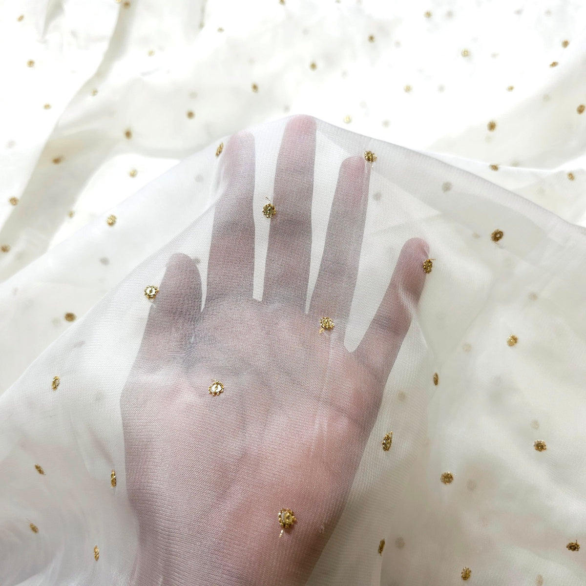 Embroidered Dyeable Organza Fabric with Gold Sequin Butta