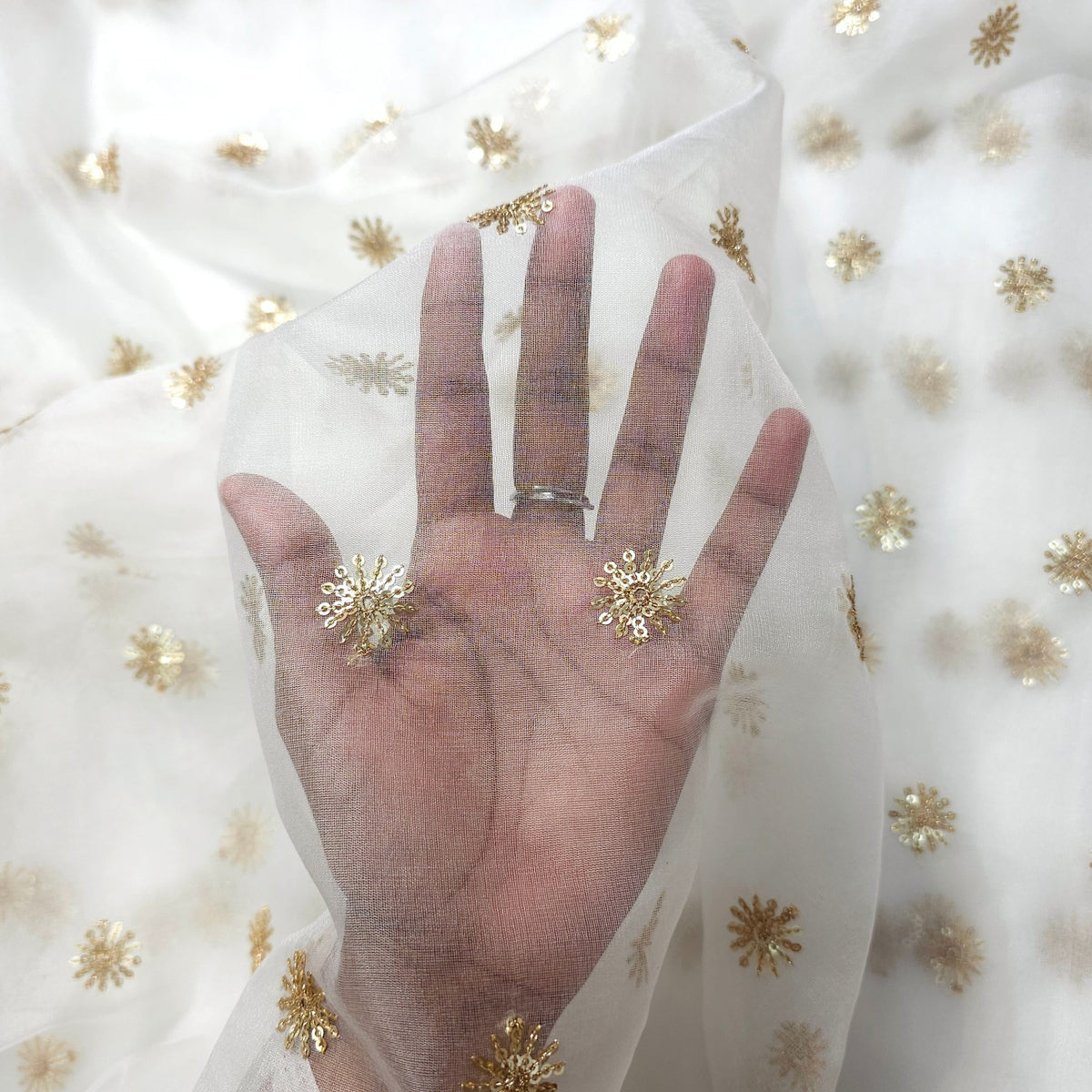 Embroidered Dyeable Organza Fabric with Gold Floral Sequin Butta
