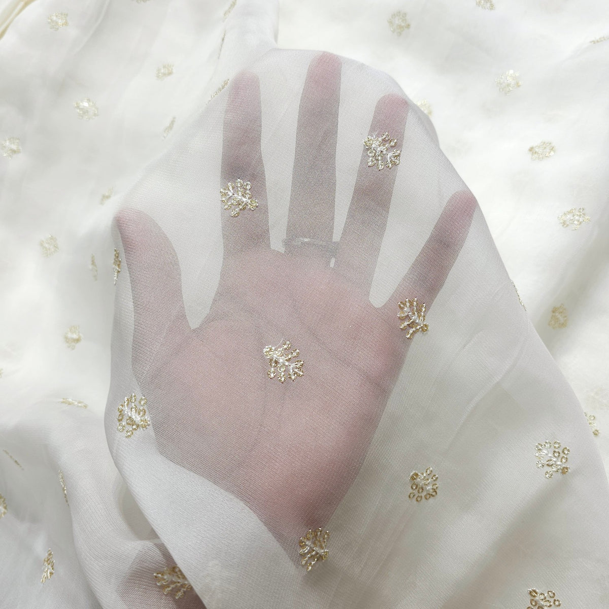 Embroidered Dyeable Organza Fabric with Light Gold Floral Sequin Butta