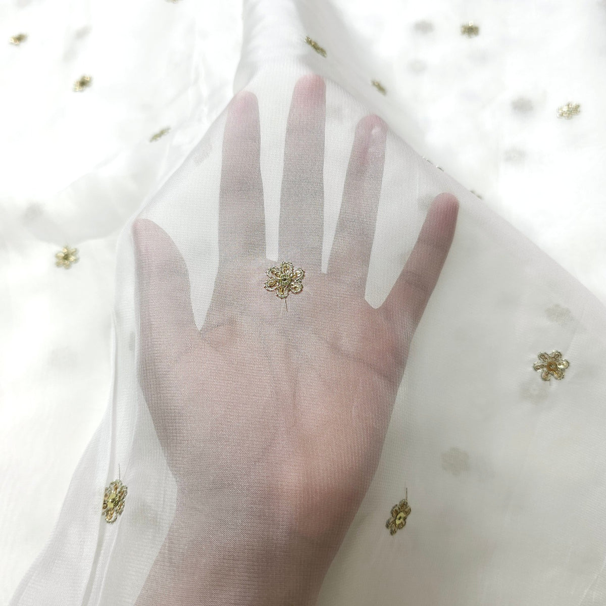 Dyeable Organza Fabric with Light Gold Floral Sequin Butta