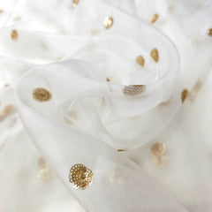 Dyeable Organza Fabric with Light Gold Floral Circular Sequin Butta