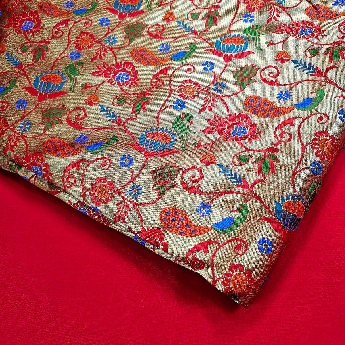 Kamalini Paithani Brocade Rose Red Silk Fabric