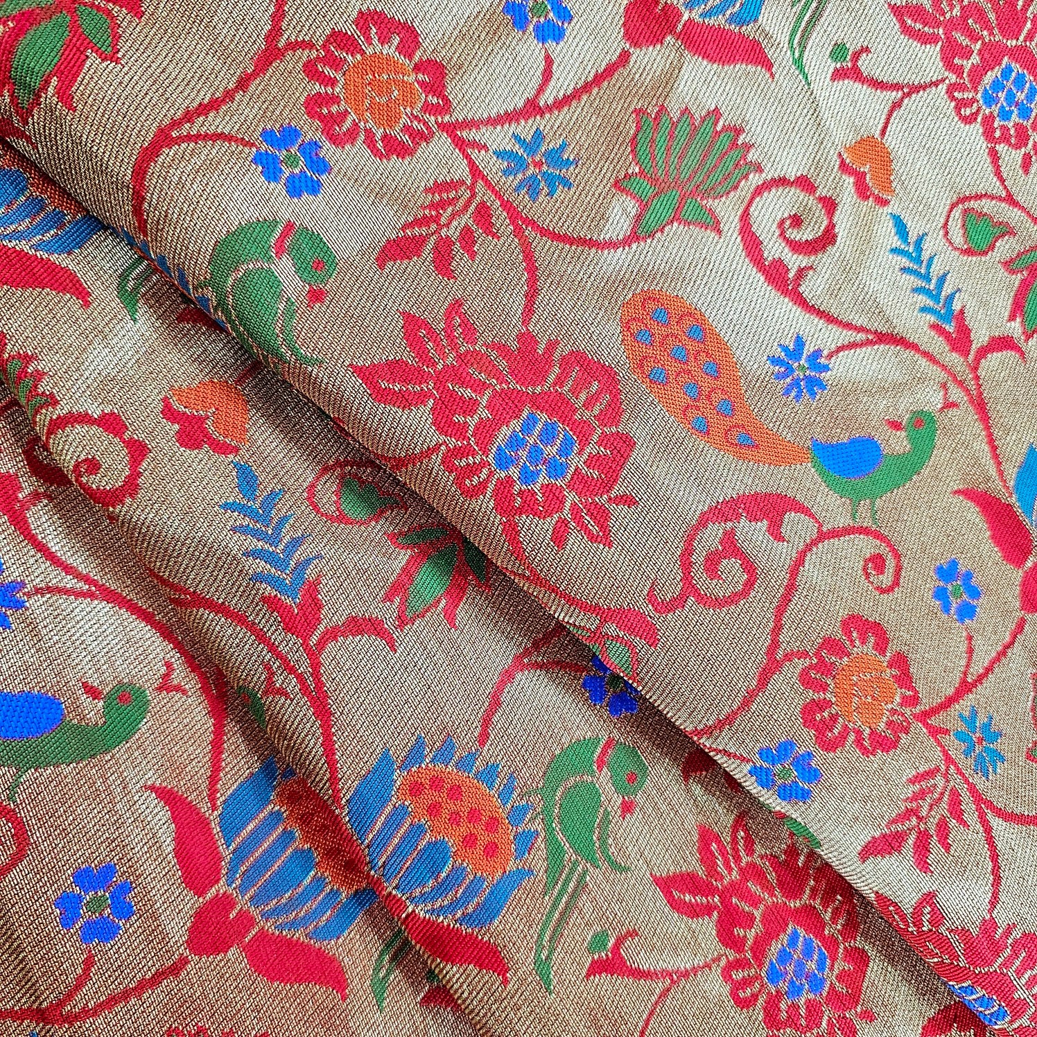 Kamalini Paithani Brocade Rose Red Silk Fabric