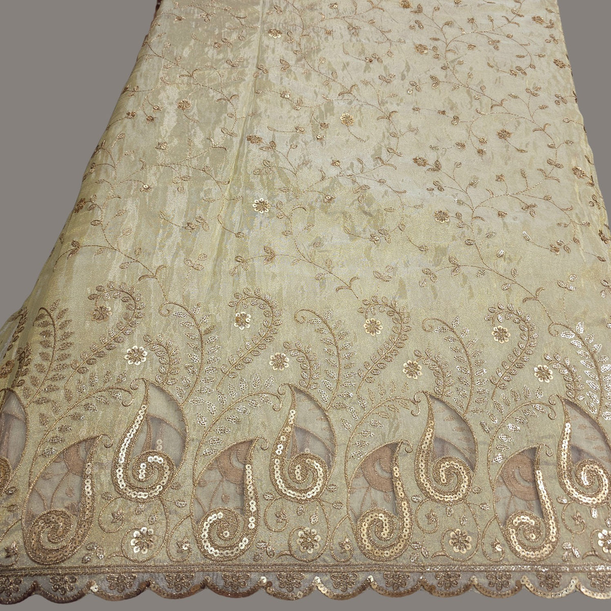 Dyeable Shimmer Tissue Fabric with all over Floral Vine Pattern & Paisley Net Border