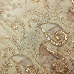 Dyeable Shimmer Tissue Fabric with all over Floral Vine Pattern & Paisley Net Border