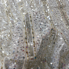 Ruhani Dyeable White Georgette Embroidered Fabric with Silver Sequins & Stripes