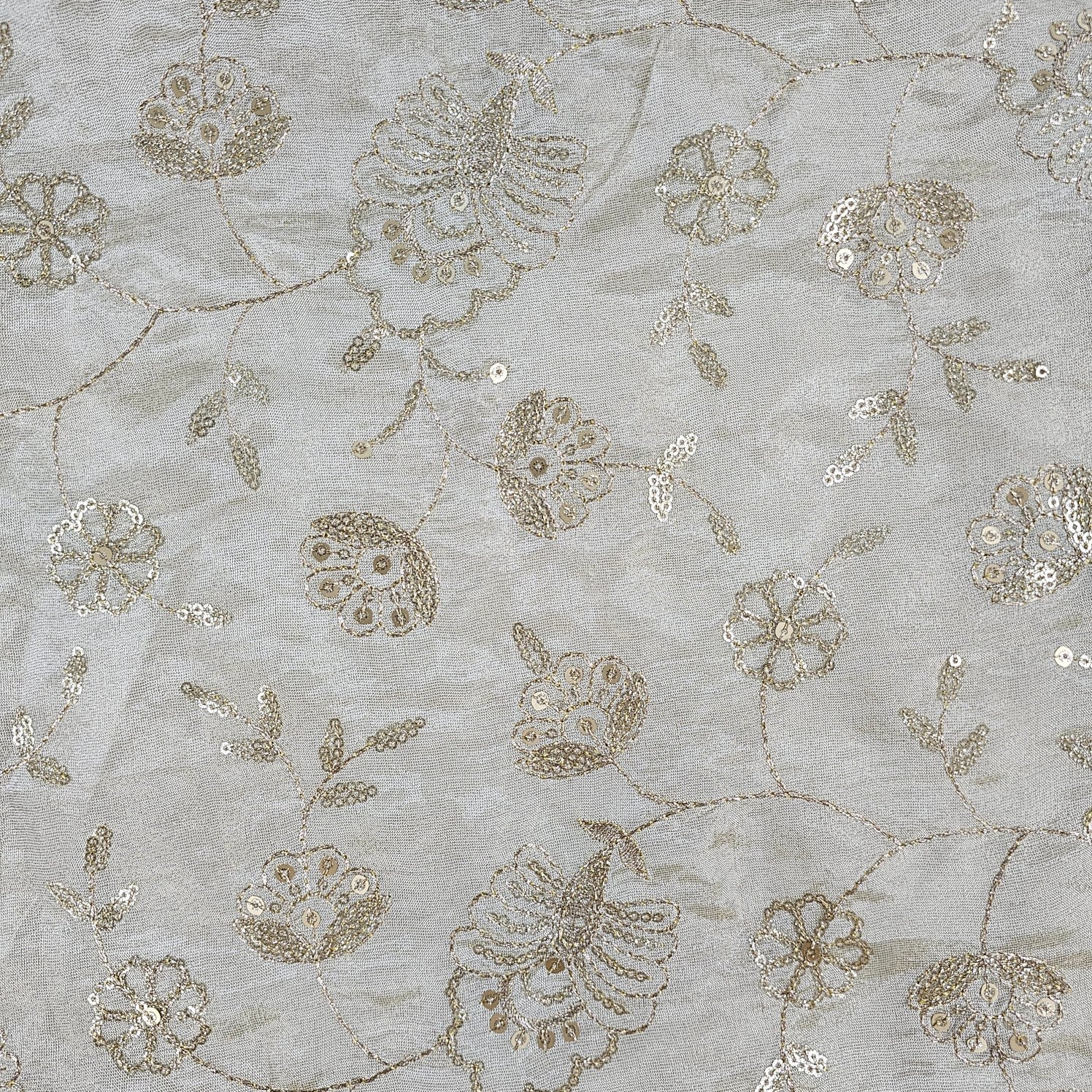 Gold Sequin Embroidered Shimmer Tissue Dyeable Fabric with Floral Motif and Zari Work