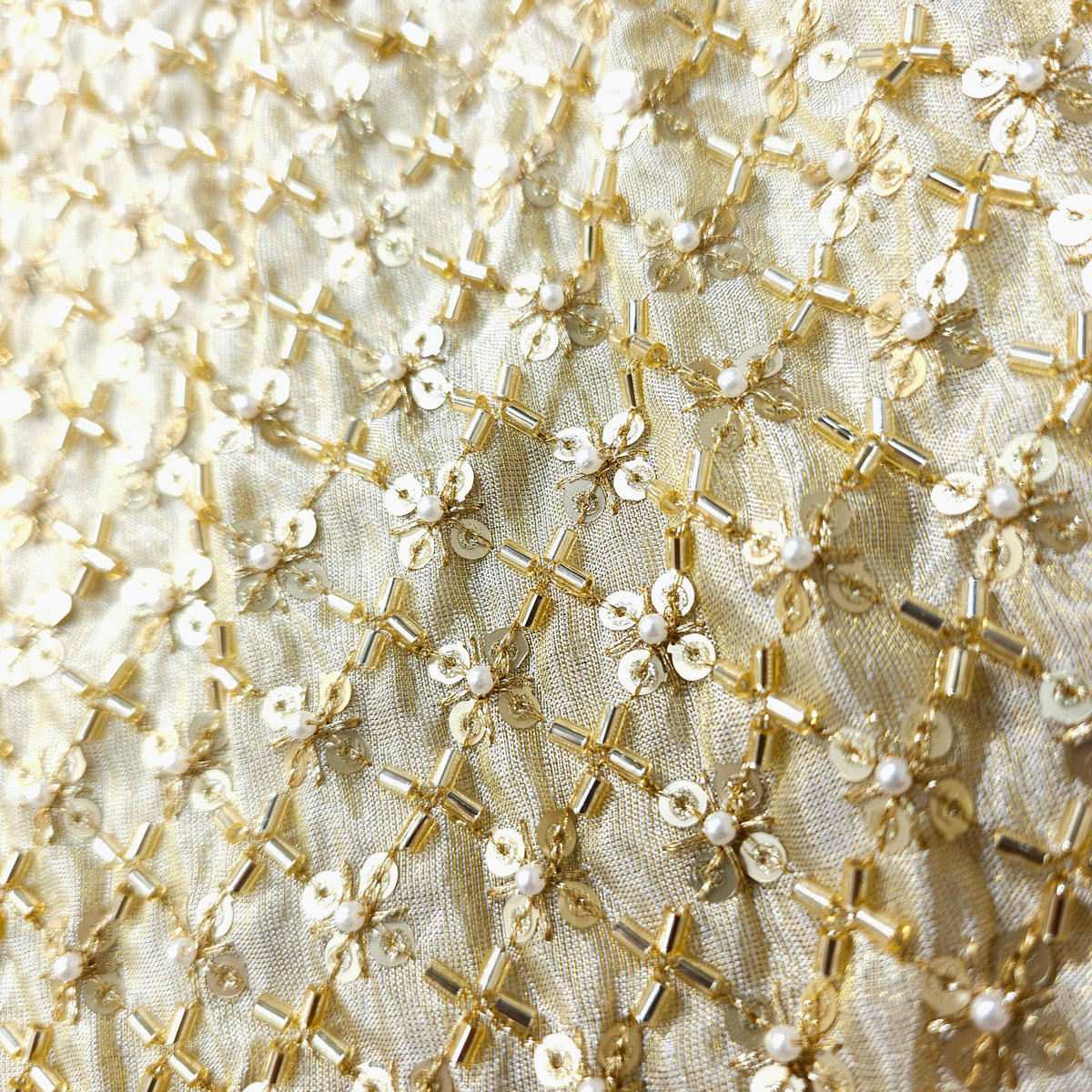 Gold Sequin Embroidered Shimmer Tissue Dyeable Fabric with Floral Motif and Zari Work