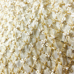 Gold Sequin Embroidered Shimmer Tissue Dyeable Fabric with Floral Motif and Zari Work