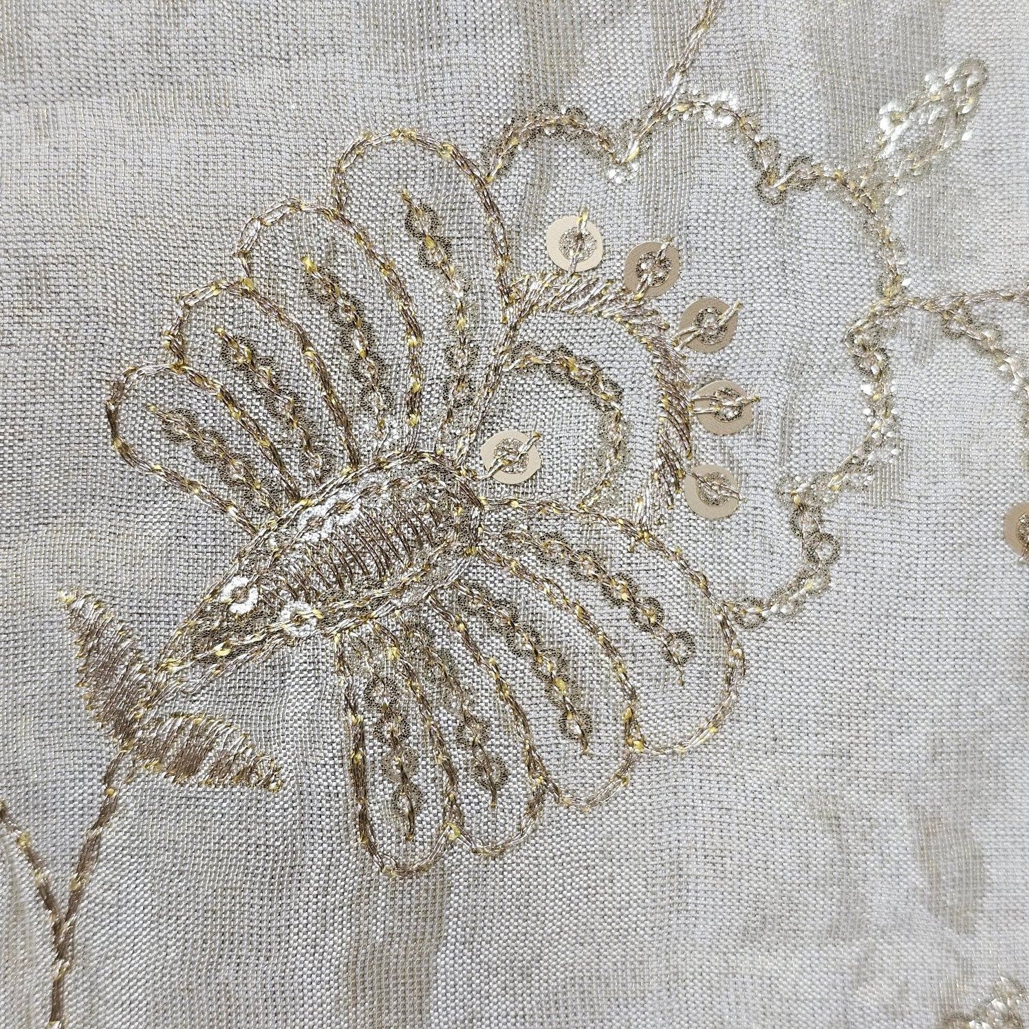 Gold Sequin Embroidered Shimmer Tissue Dyeable Fabric with Floral Motif and Zari Work