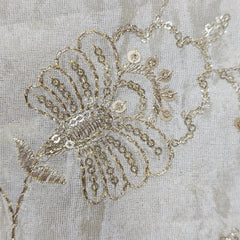 Gold Sequin Embroidered Shimmer Tissue Dyeable Fabric with Floral Motif and Zari Work