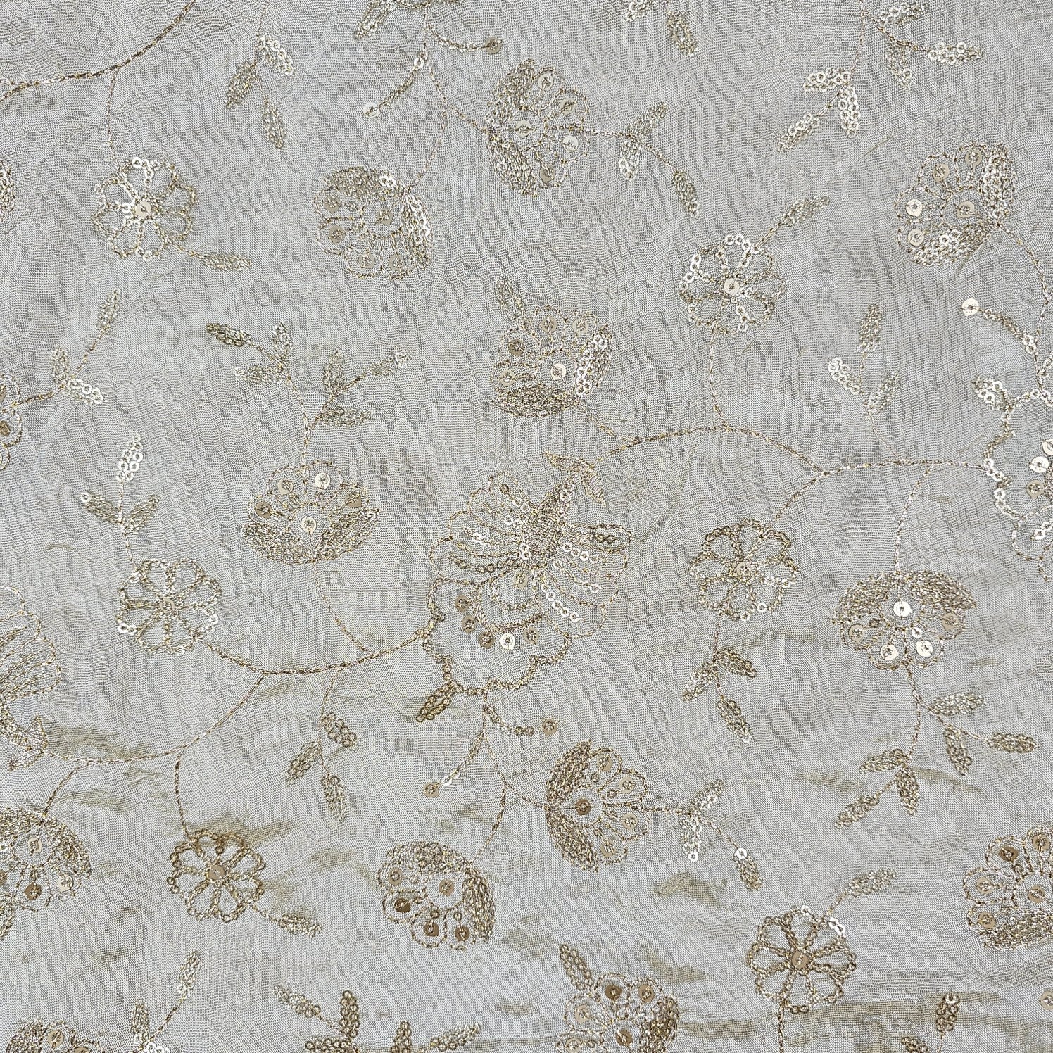 Gold Sequin Embroidered Shimmer Tissue Dyeable Fabric with Floral Motif and Zari Work