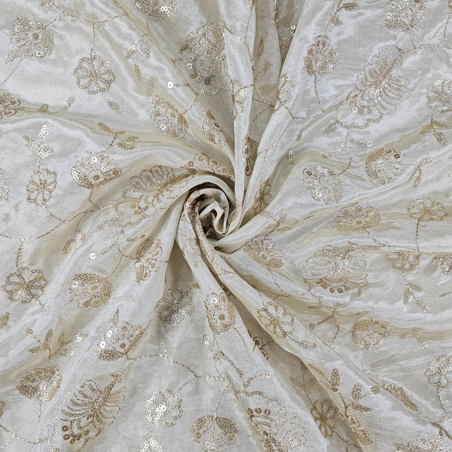 Gold Sequin Embroidered Shimmer Tissue Dyeable Fabric with Floral Motif and Zari Work