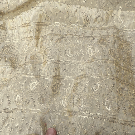 Gold Sequin Embroidered Shimmer Tissue Fabric with Floral Motif and & Border