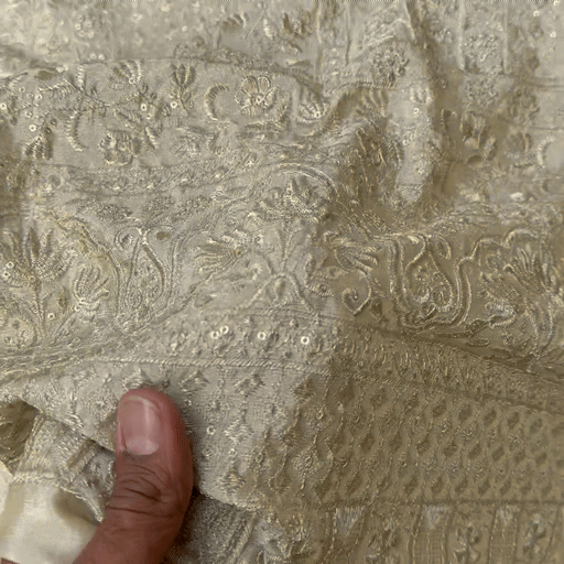 Gold Embroidered Shimmer Tissue Dyeable Fabric with Linear Floral Zari work & Border