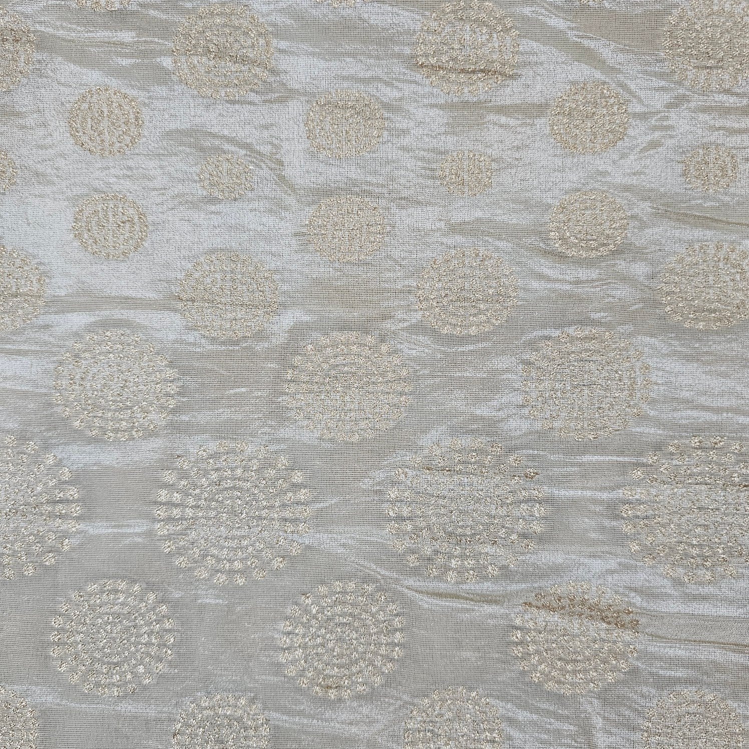 Gold Embroidered Shimmer Tissue Dyeable Fabric with Circle Motif