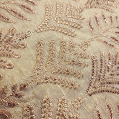 Gold Embroidered Shimmer Tissue Dyeable Fabric with Leaf Motifs Zari and Cutdana Work