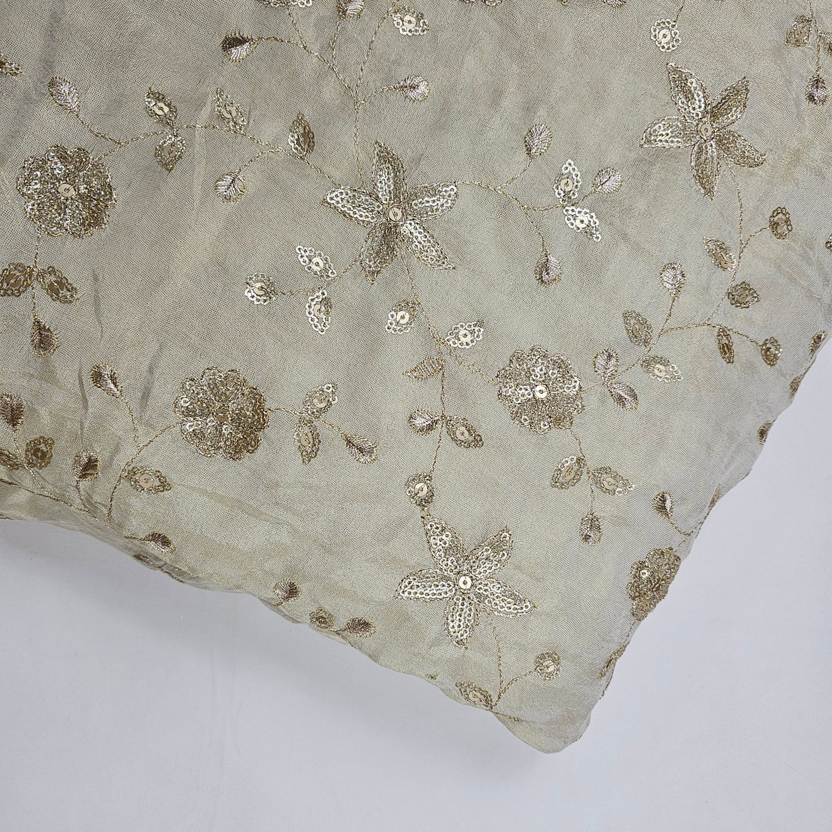 Gold Embroidered Shimmer Tissue Dyeable Fabric with Floral and Star Motifs Zari and Sequins Work