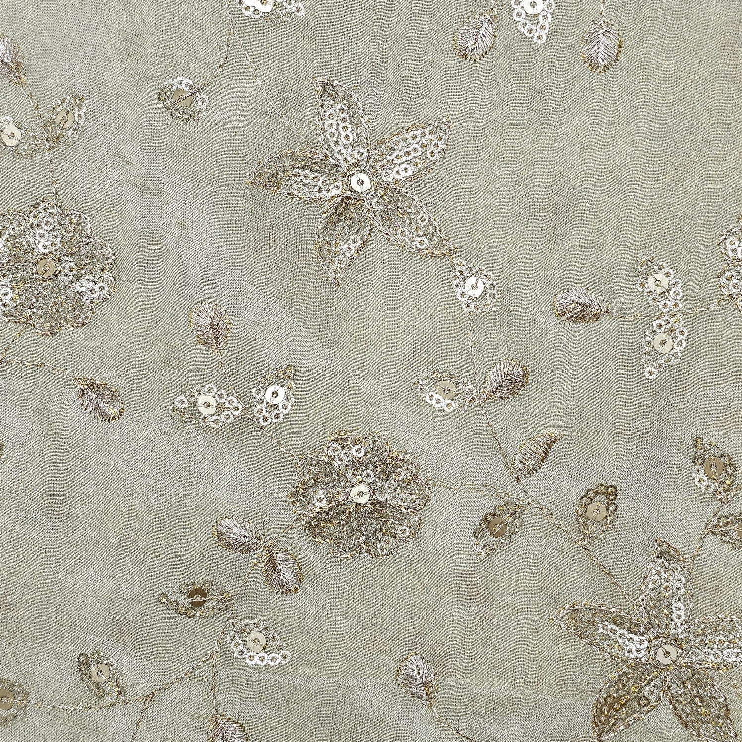 Gold Embroidered Shimmer Tissue Dyeable Fabric with Floral and Star Motifs Zari and Sequins Work