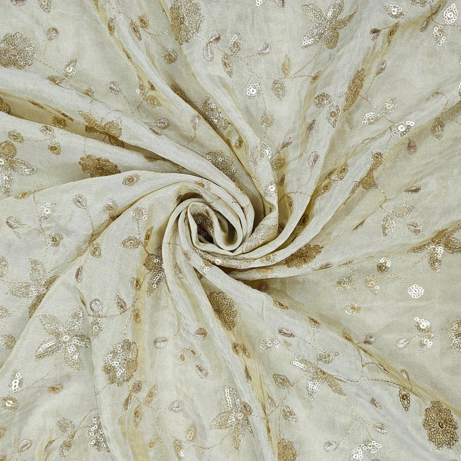 Gold Embroidered Shimmer Tissue Dyeable Fabric with Floral and Star Motifs Zari and Sequins Work