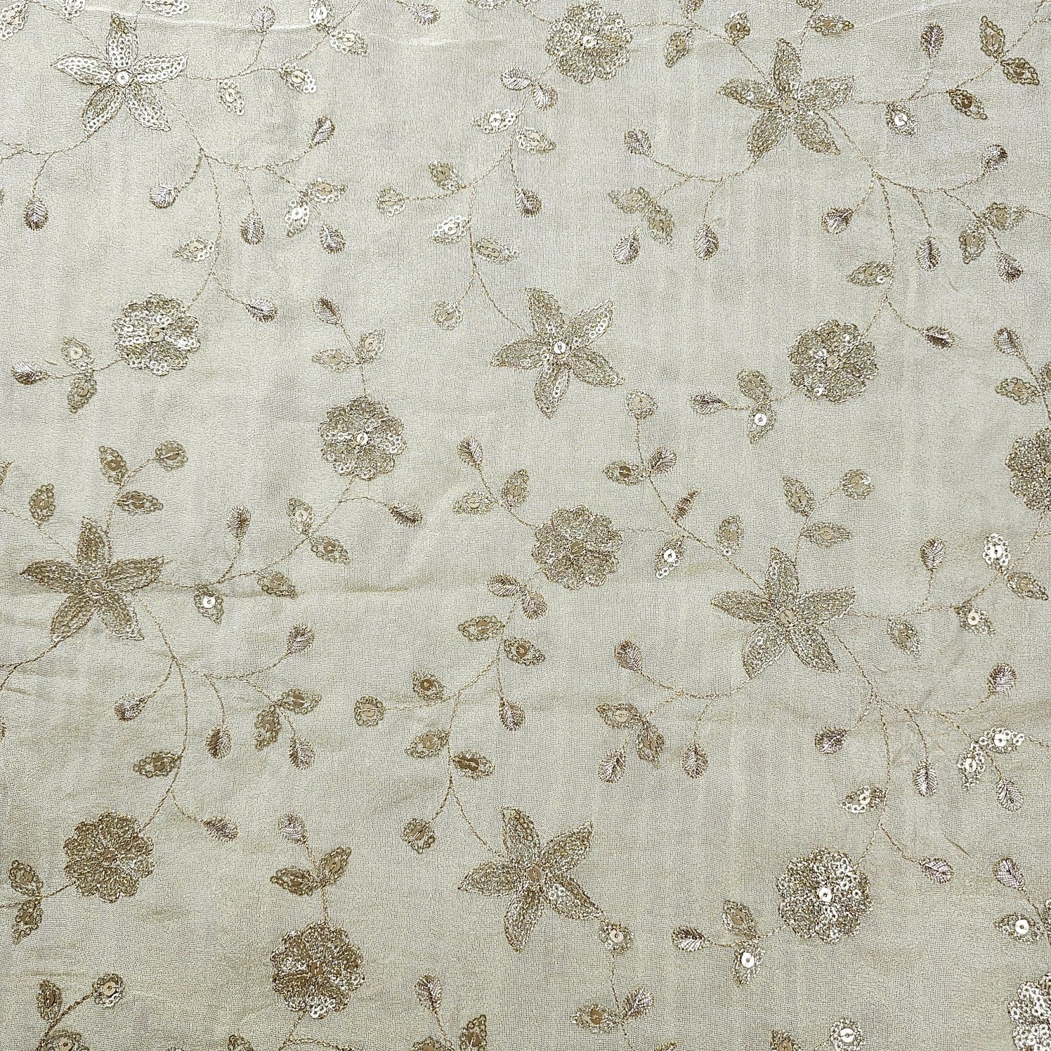Gold Embroidered Shimmer Tissue Dyeable Fabric with Floral and Star Motifs Zari and Sequins Work