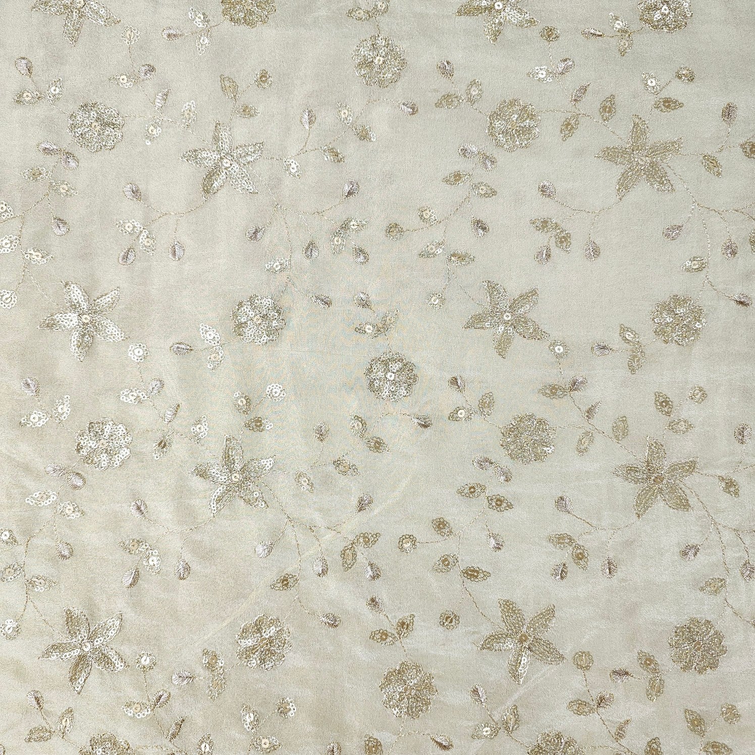 Gold Embroidered Shimmer Tissue Dyeable Fabric with Floral and Star Motifs Zari and Sequins Work
